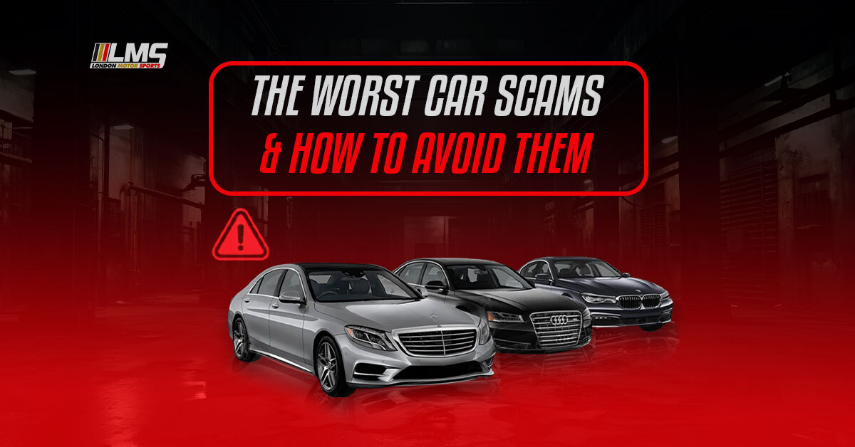 Luxury cars with warning sign and text about worst car scams and how to avoid them