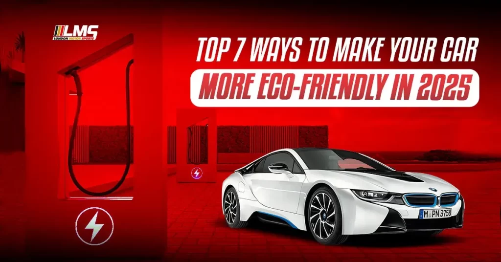 White BMW sports car at electric charging station – Top 7 eco-friendly car tips for 2025 by London Motor Sports