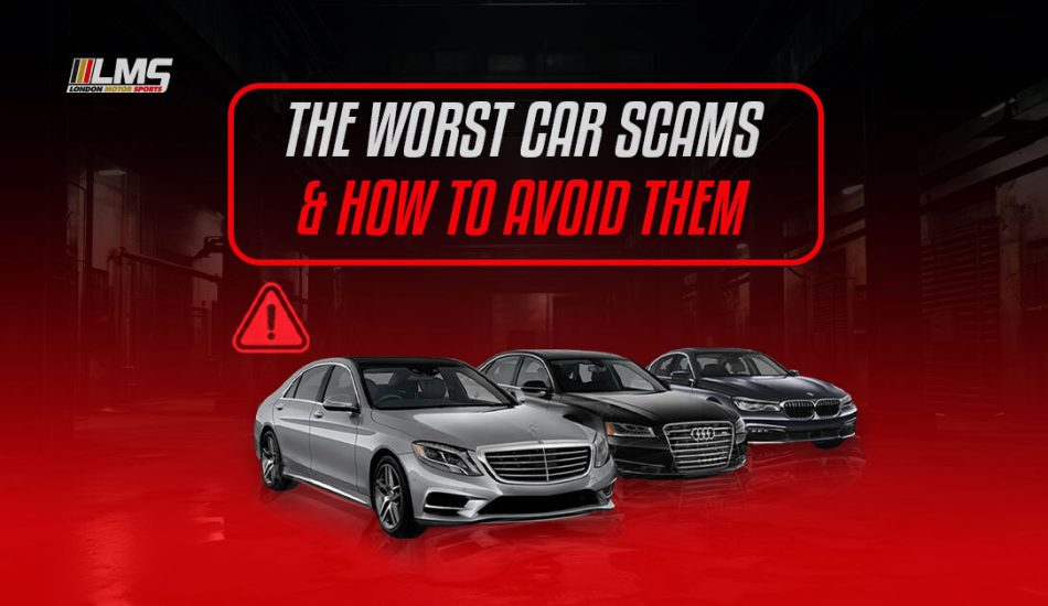 Luxury cars with warning sign and text about worst car scams and how to avoid them